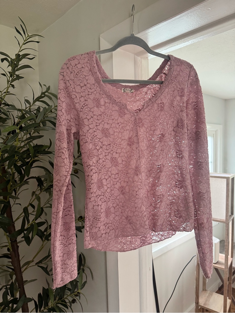 Free People FP Lace Long-Sleeve V-Neck Top - Pink
